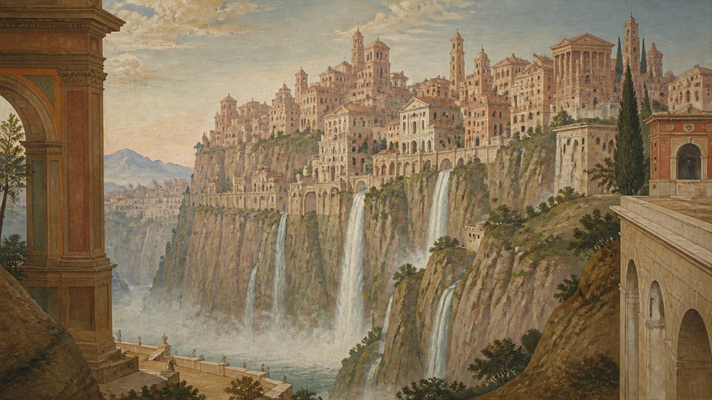 a cliffside city with waterfalls cascading into a misty canyon, wide establishing shot, no people, no text
