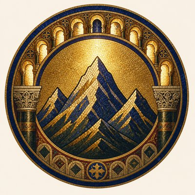 an emblem of a mountain peak inside a circle, simple bold shapes on a plain background, no text or lettering