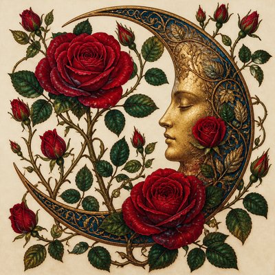 a rose entwined with a crescent moon, clean balanced composition on a plain background, no text