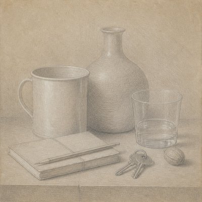 still life with everyday objects — Silverpoint Drawing Style