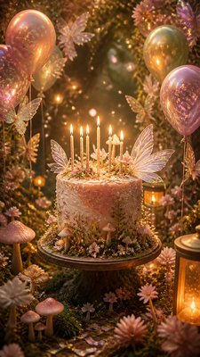a birthday cake with lit candles surrounded by balloons and confetti, festive vertical composition, no text