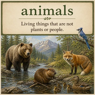 Please create a flashcard for the spelling word: "animals" and the definition: Living things that are not plants or people.