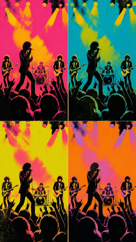 a live music scene with a glowing stage and silhouetted crowd, energetic vertical composition with open space at the top, no text