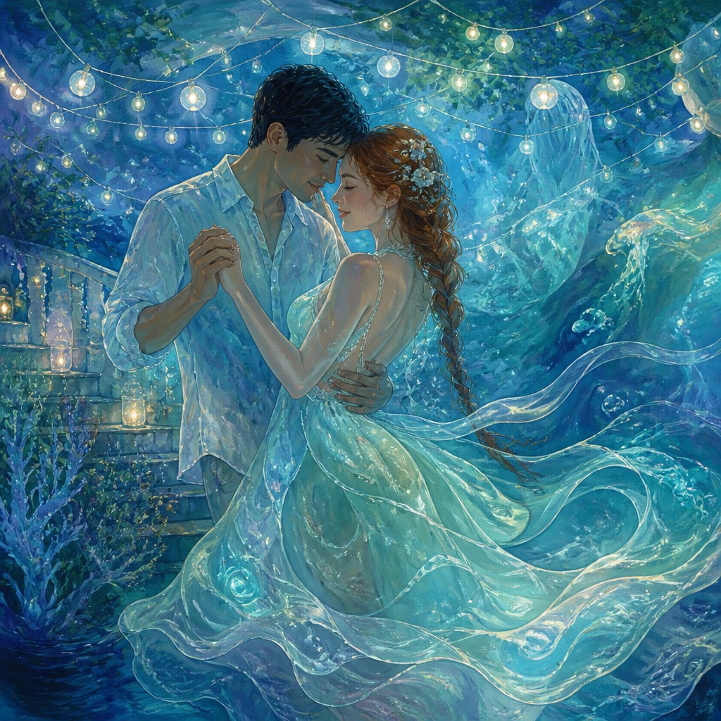 an original couple dancing under string lights in a garden at dusk: a man with short black hair in a linen shirt and a woman with braided red hair in a summer dress