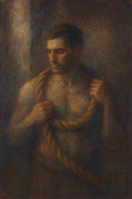 a painting of a man holding a rope
