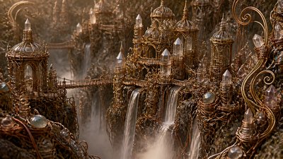 a cliffside city with waterfalls cascading into a misty canyon, wide establishing shot, no people, no text