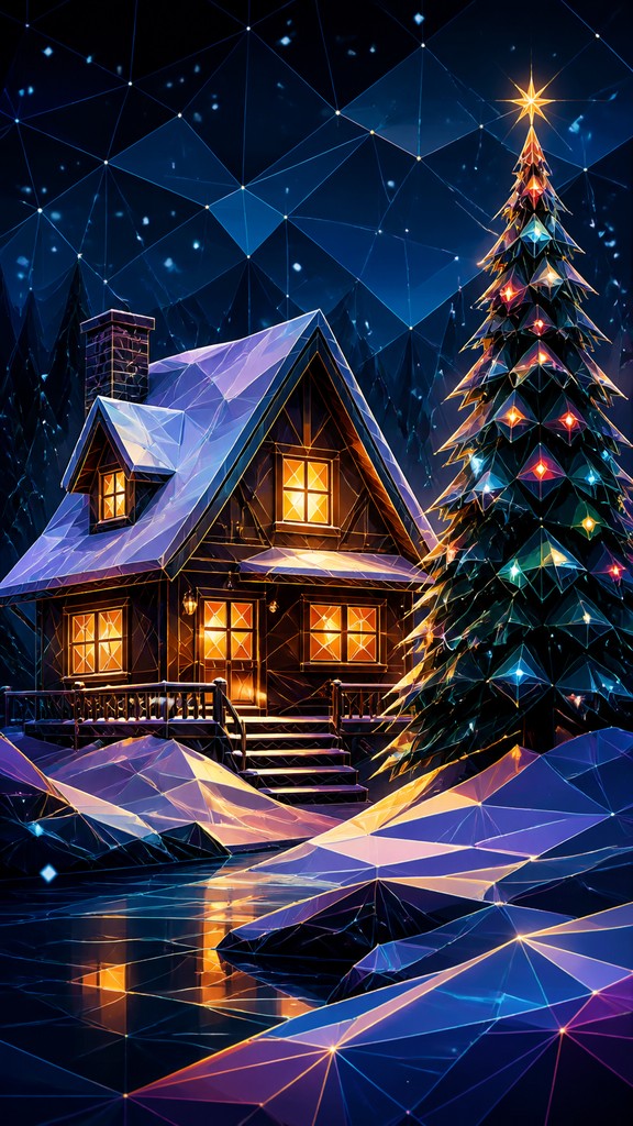 a snow-covered cottage with warm glowing windows beside a decorated pine tree, gentle snowfall, no text