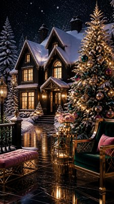 a snow-covered cottage with warm glowing windows beside a decorated pine tree, gentle snowfall, no text