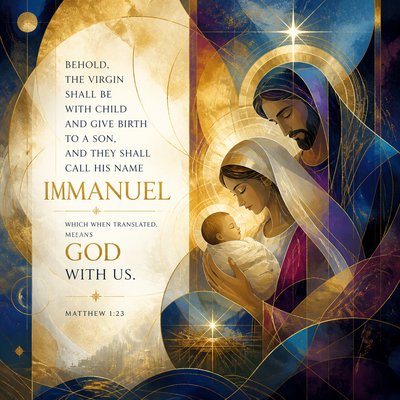 BEHOLD, THE VIRGIN SHALL BE WITH CHILD AND GIVE BIRTH TO A SON, AND THEY SHALL CALL HIS NAME IMMANUEL - which when translated, means GOD WITH US. Matthew 1:23 Please include the verse in the illustration
