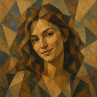 head-and-shoulders portrait of an original character: a young woman with wavy chestnut hair and a warm smile, plain soft backdrop