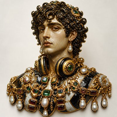 head-and-shoulders portrait of an original character: a young man with curly dark hair and headphones around his neck, plain backdrop, no text