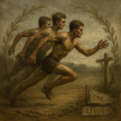a painting of two men running in front of a cross