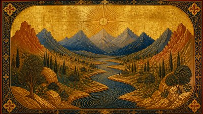 a vast valley with a river winding toward distant mountains at sunrise, no people, no text