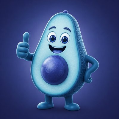 a happy avocado character giving a thumbs up, bold readable design on a plain background, no text