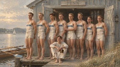 a group of men standing on a dock next to a body of water