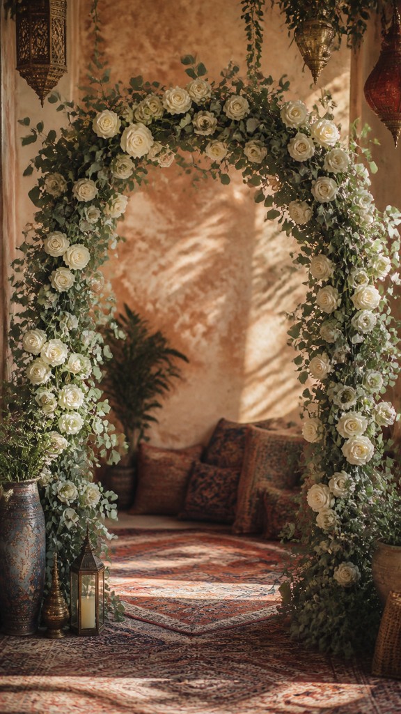 an arch of white roses and eucalyptus in soft morning light, elegant vertical composition with open space, no text