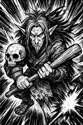 a drawing of a troll holding a baseball bat and a skull