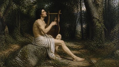 Orpheus ignudi playing the harp in the woods