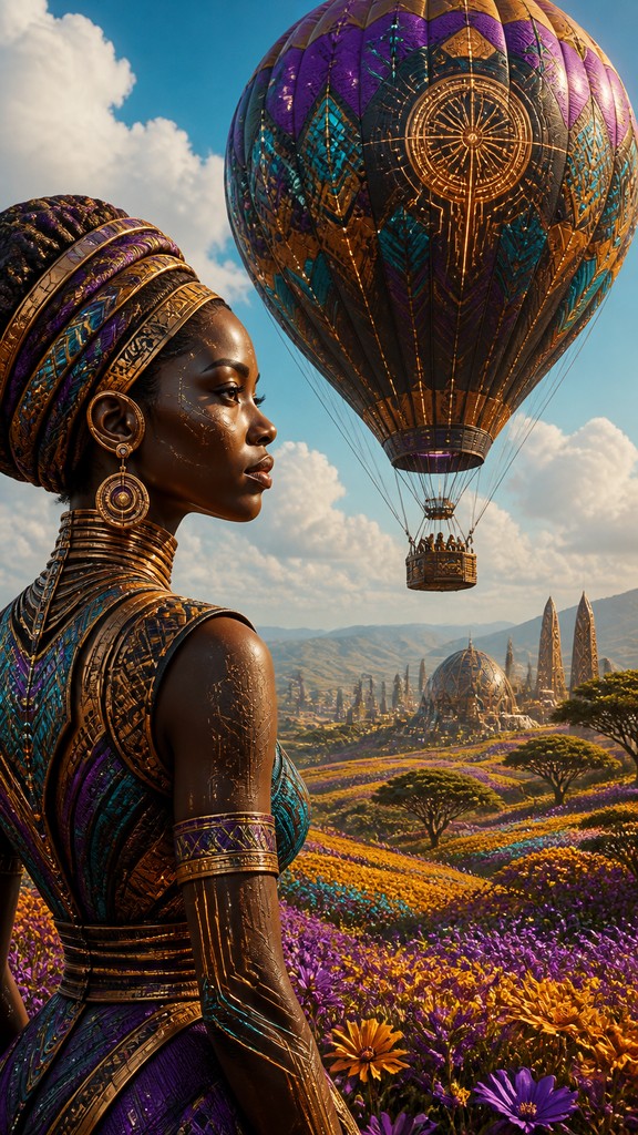 a hot air balloon drifting over rolling flower fields on a sunny day, cheerful, no text
