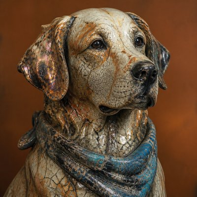 portrait of a golden retriever wearing a blue bandana, warm plain backdrop, no text