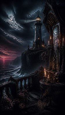 a lone lighthouse on a cliff at dusk under a dramatic sky, no text or lettering