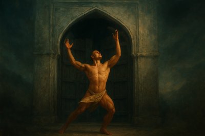 a painting of a man standing in front of a doorway