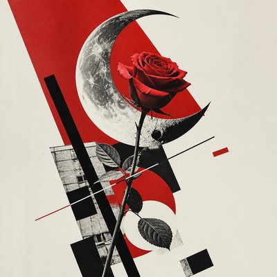 a rose entwined with a crescent moon, clean balanced composition on a plain background, no text