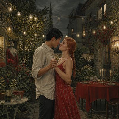 an original couple dancing under string lights in a garden at dusk: a man with short black hair in a linen shirt and a woman with braided red hair in a summer dress