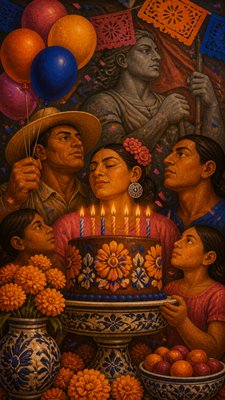 a birthday cake with lit candles surrounded by balloons and confetti, festive vertical composition, no text