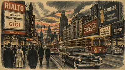 bustling city street panorama at dusk