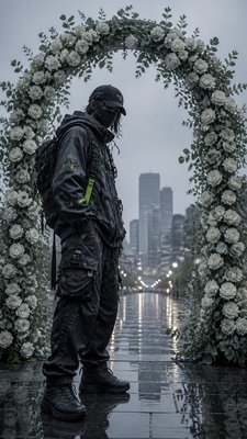 an arch of white roses and eucalyptus in soft morning light, elegant vertical composition with open space, no text