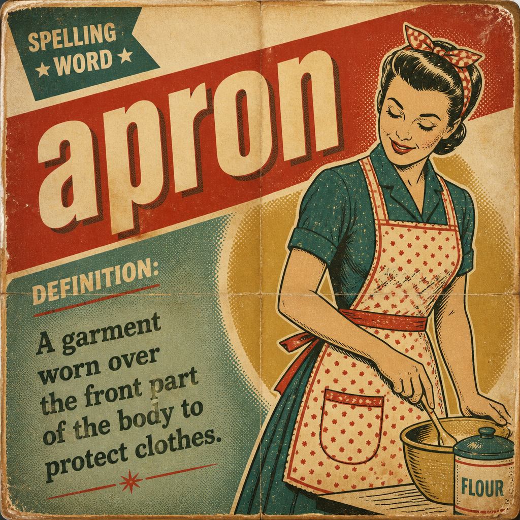 Please create a flashcard for the spelling word: apron and its definition: A garment worn over the front part of the body to protect clothes.