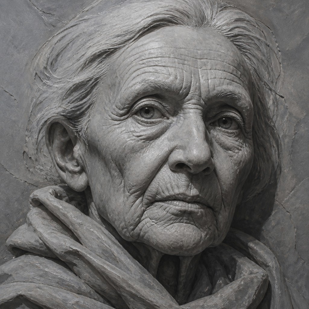 close-up portrait of an elderly person with expressive weathered features — Grisaille Painting Style