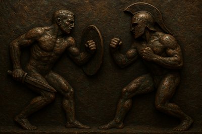 a bronze statue of two men holding a mirror