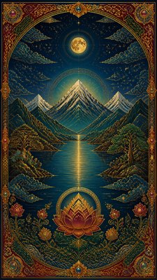 a tranquil mountain lake beneath a starry night sky, no people, no text