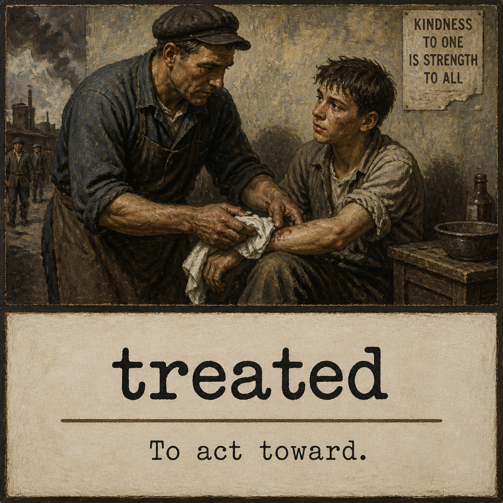 Please create a flashcard for the spelling word: "treated" and it's definition: "To act toward."