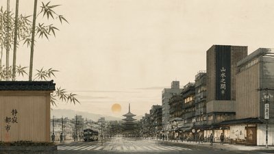 bustling city street panorama at dusk