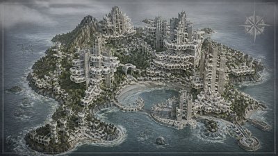 a map of an island realm with mountains, forests, a sheltered bay, sea monsters in the water and a compass rose, no text labels