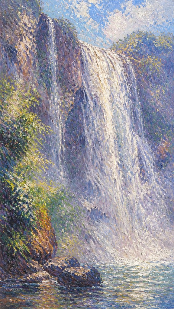 towering waterfall cascading down a cliff