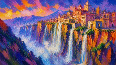 a cliffside city with waterfalls cascading into a misty canyon, wide establishing shot, no people, no text