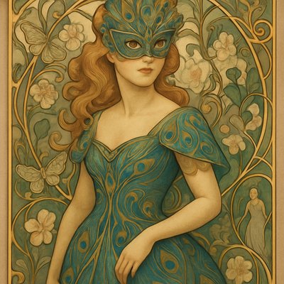 a lady with strawberry blonde hair dressed for a masquerade ball in a peacock themed mask and ball dress.