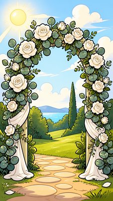 an arch of white roses and eucalyptus in soft morning light, elegant vertical composition with open space, no text