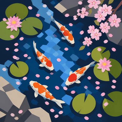 A koi pond seen from above, orange and white koi fish swimming among lily pads, clear water with subtle ripples, fallen cherry blossom petals floating on the surface, dappled sunlight