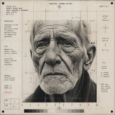 close-up portrait of an elderly person with expressive weathered features