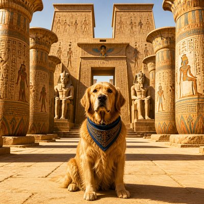 portrait of a golden retriever wearing a blue bandana, warm plain backdrop, no text