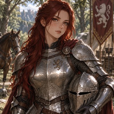 A fair-skinned young woman with long dark red hair and amber eyes, wearing engraved silver armor and holding a helmet under one arm in a forest clearing. Waist-up view.