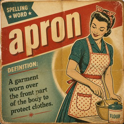Please create a flashcard for the spelling word: apron and its definition: A garment worn over the front part of the body to protect clothes.