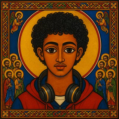 head-and-shoulders portrait of an original character: a young man with curly dark hair and headphones around his neck, plain backdrop, no text