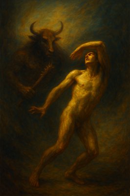a painting of a man and a demon