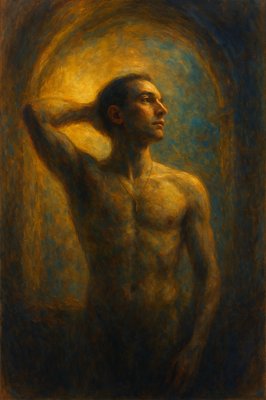 a painting of a man with his hand on his head